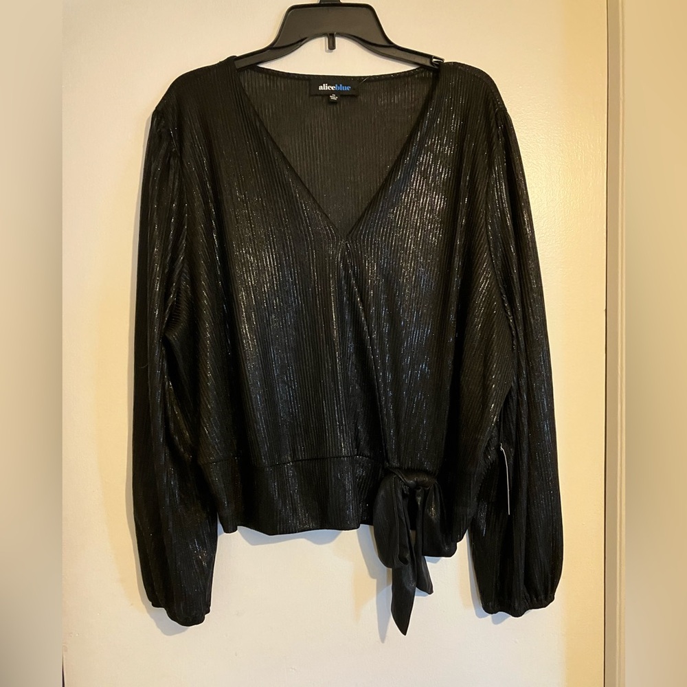 Alice Blue Metallic Black V-Neck Tie-Front Blouse with Balloon Sleeves
